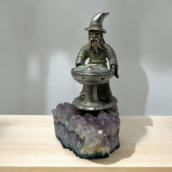 Other - Spoontiques Pewter Wizard Figurine Amethyst Rock Iridescent Crystal CauldroN